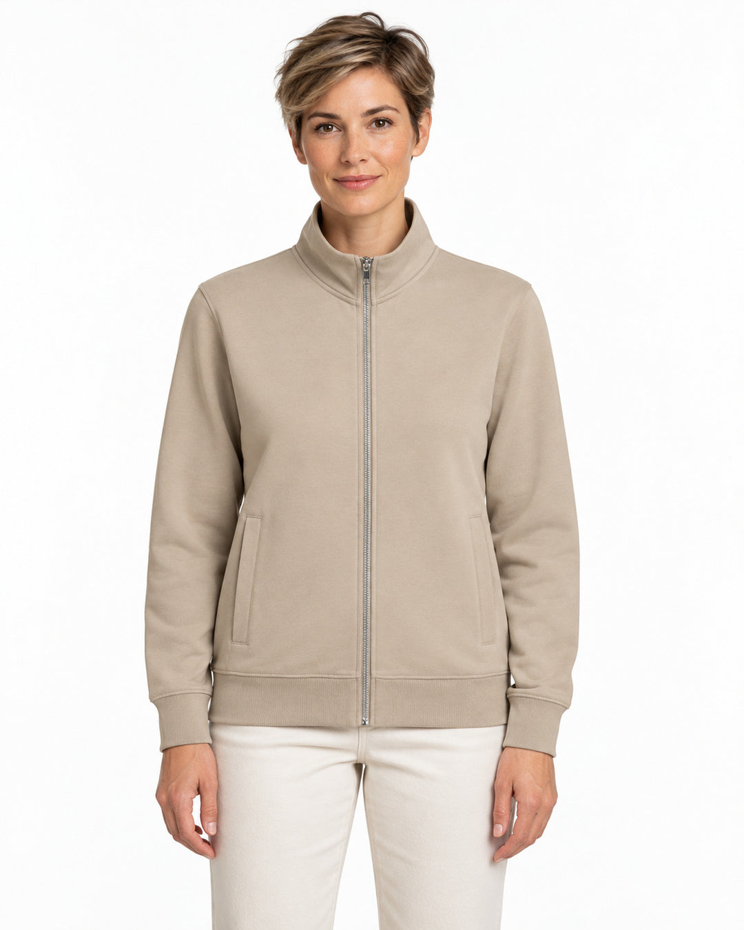 Sitztgut Damen-Sweatjacke mit Stehkragen und Metallreißverschluss – Desert Dust – Vorderansicht