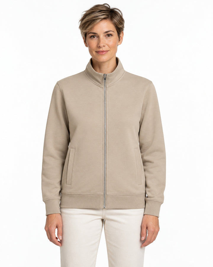 Sitztgut Damen-Sweatjacke mit Stehkragen und Metallreißverschluss – Desert Dust – Vorderansicht