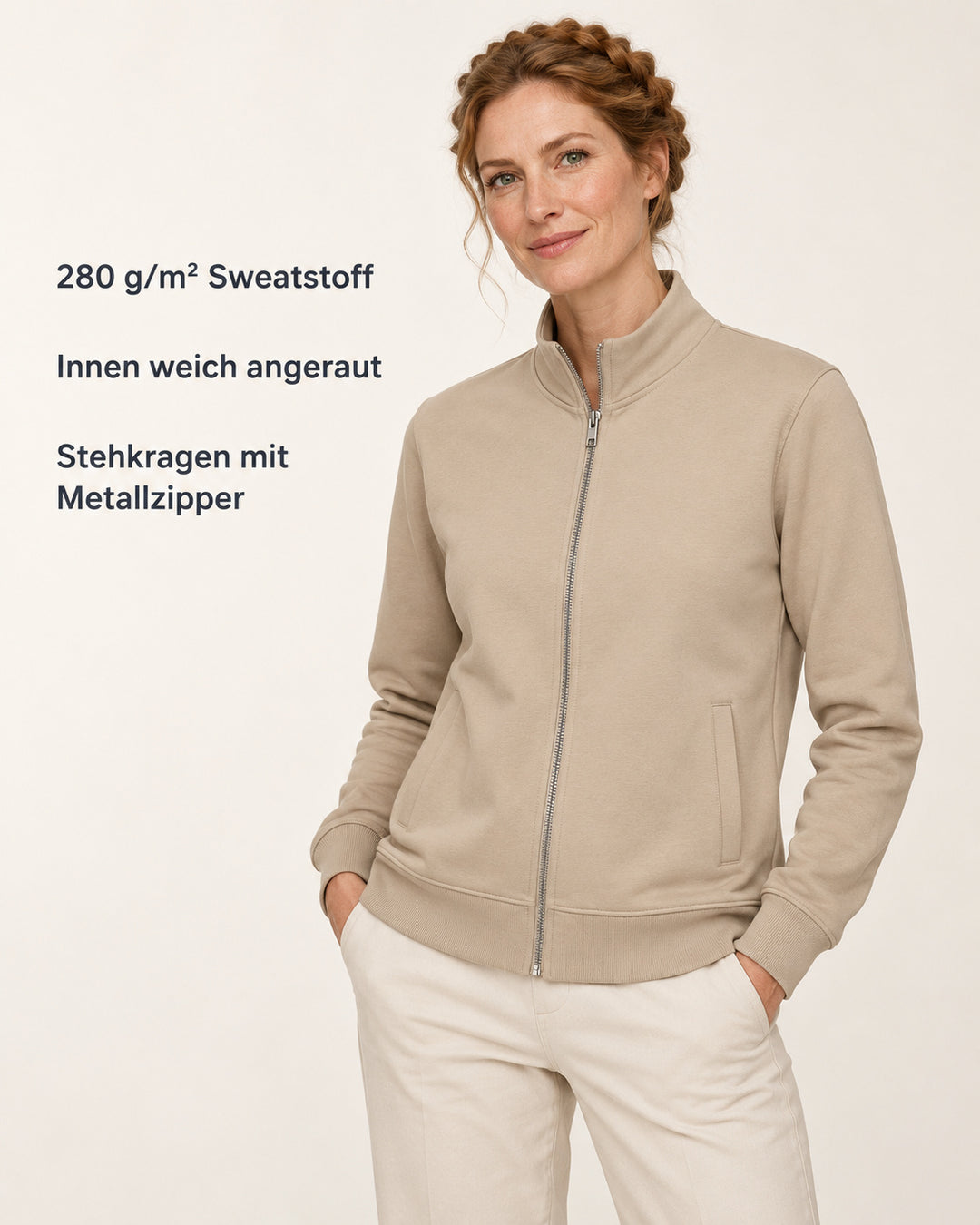 Sitztgut Damen-Sweatjacke mit Stehkragen und Metallreißverschluss – Desert Dust – Produktvorteile
