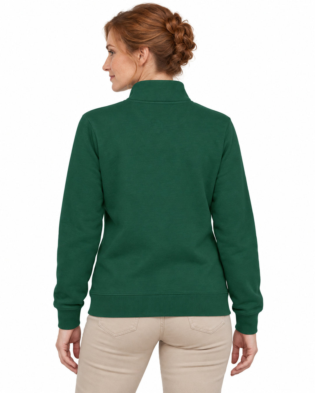 Sitztgut Damen-Sweatjacke mit Stehkragen und Metallreißverschluss – Bottle Green – Rückenansicht