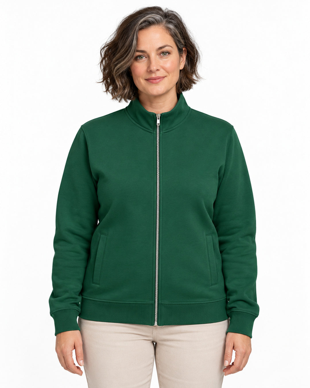 Sitztgut Damen-Sweatjacke mit Stehkragen und Metallreißverschluss – Bottle Green – Vorderansicht