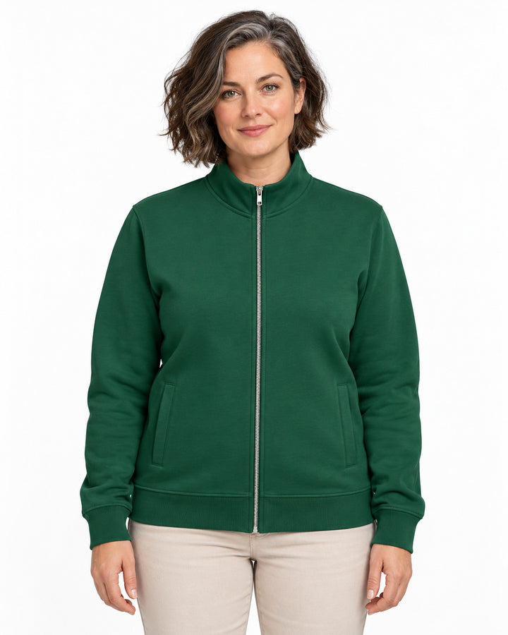 Sitztgut Damen-Sweatjacke mit Stehkragen und Metallreißverschluss – Bottle Green – Vorderansicht