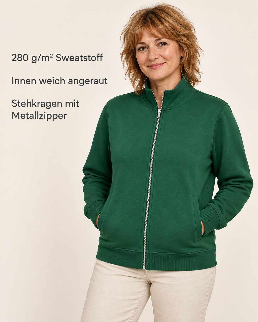 Sitztgut Damen-Sweatjacke mit Stehkragen und Metallreißverschluss – Bottle Green – Produktvorteile