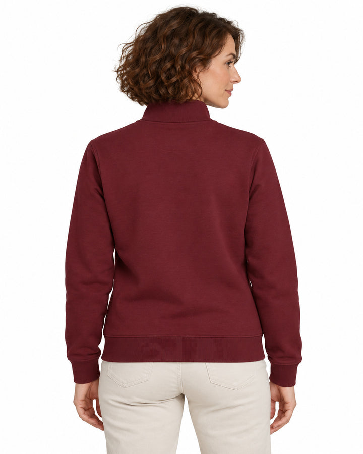 Sitztgut Damen-Sweatjacke mit Stehkragen und Metallreißverschluss – Burgundy – Rückenansicht