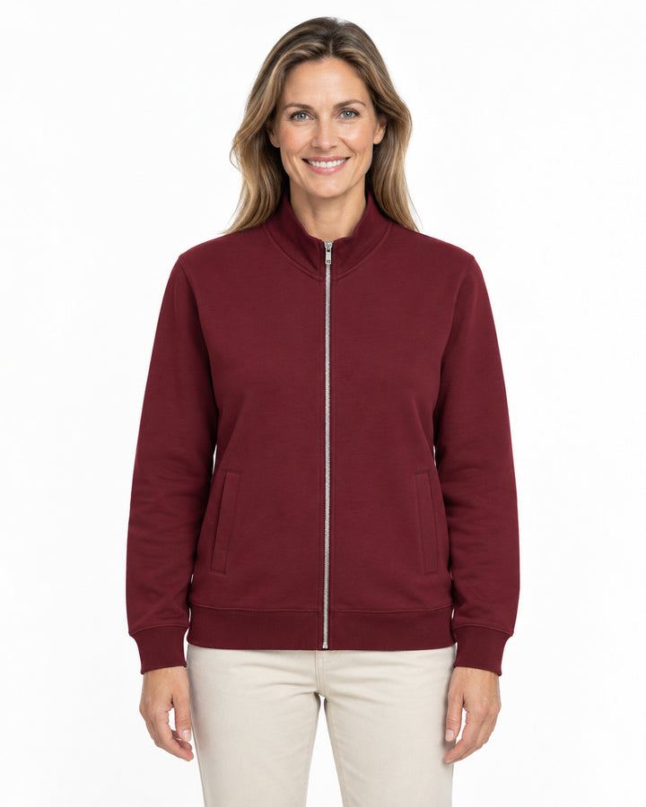 Sitztgut Damen-Sweatjacke mit Stehkragen und Metallreißverschluss – Burgundy – Vorderansicht