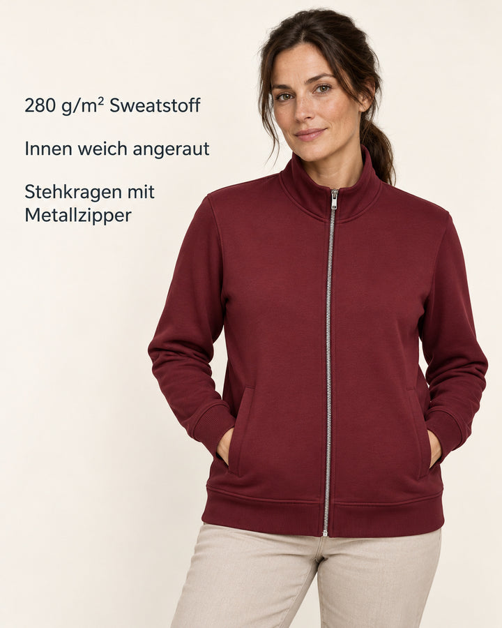 Sitztgut Damen-Sweatjacke mit Stehkragen und Metallreißverschluss – Burgundy – Produktvorteile