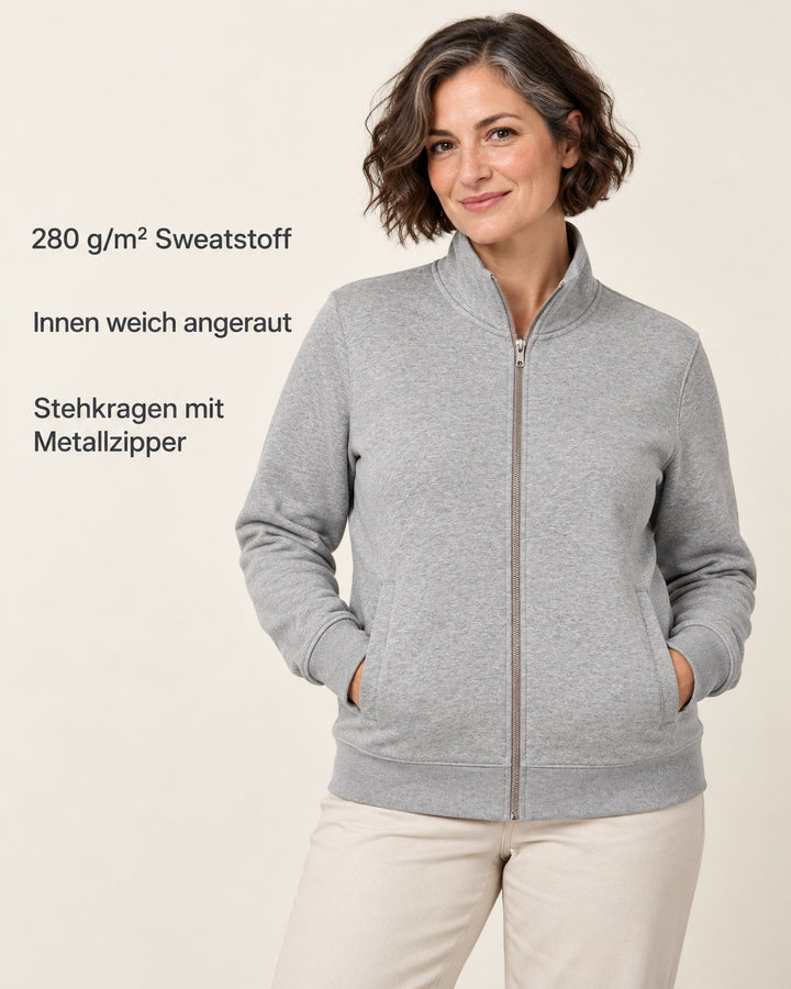 Sitztgut Damen-Sweatjacke mit Stehkragen und Metallreißverschluss – Grau meliert (Heather Grey) – Produktvorteile