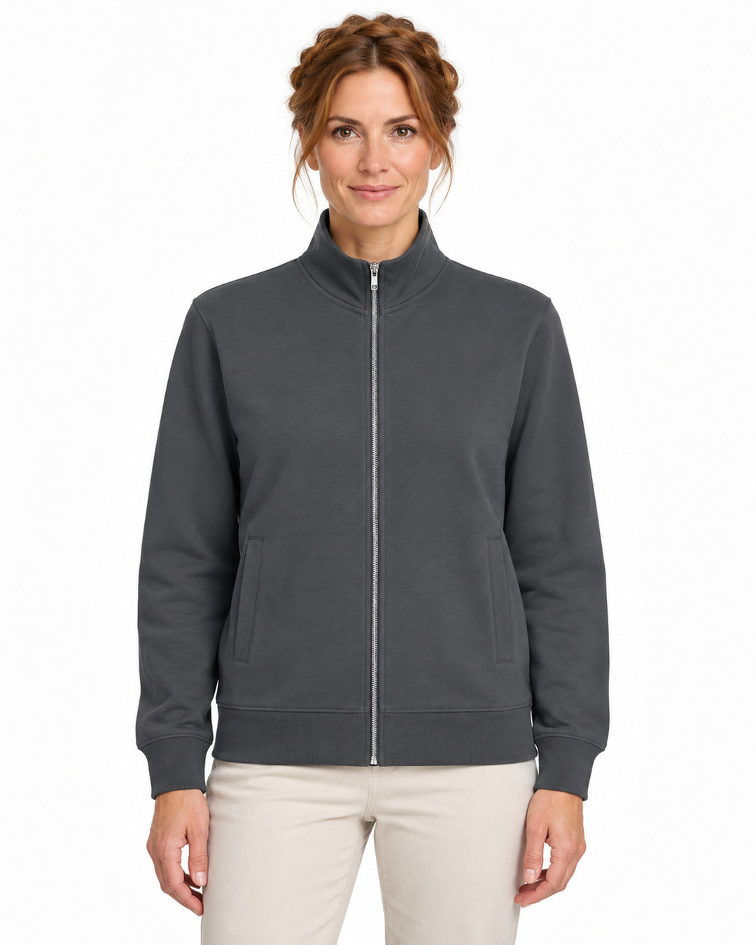 Sitztgut Damen-Sweatjacke mit Stehkragen und Metallreißverschluss – Anthracite – Vorderansicht