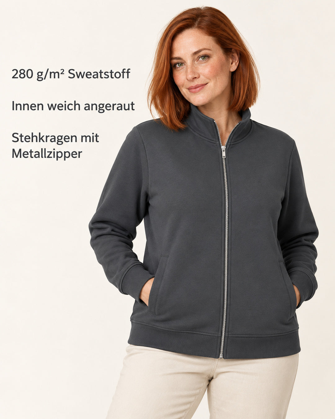 Sitztgut Damen-Sweatjacke mit Stehkragen und Metallreißverschluss – Anthracite – Produktvorteile