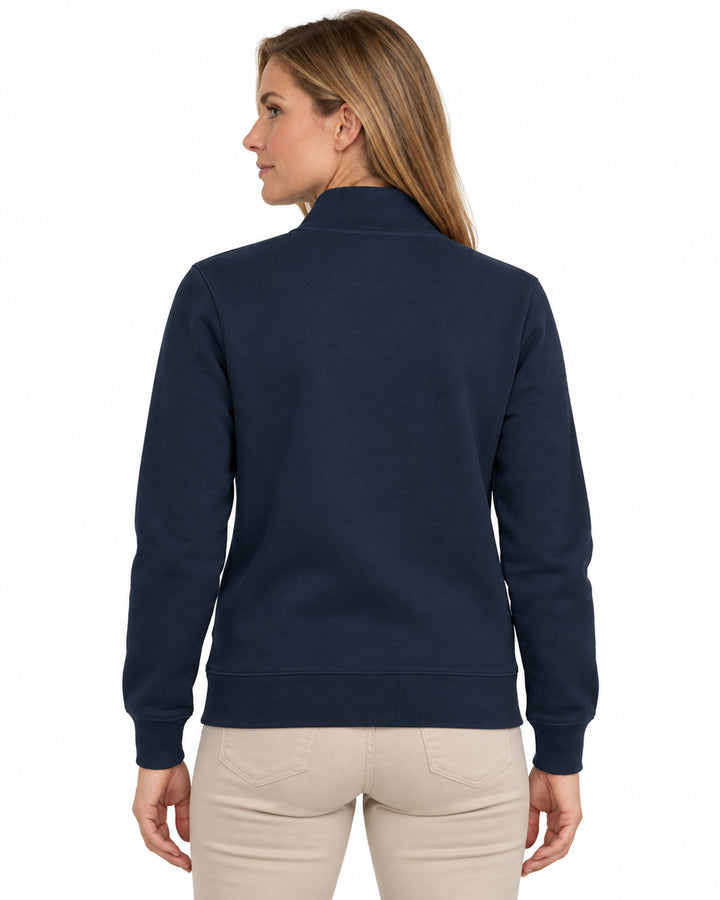 Sitztgut Damen-Sweatjacke mit Stehkragen und Metallreißverschluss – Marineblau – Rückenansicht