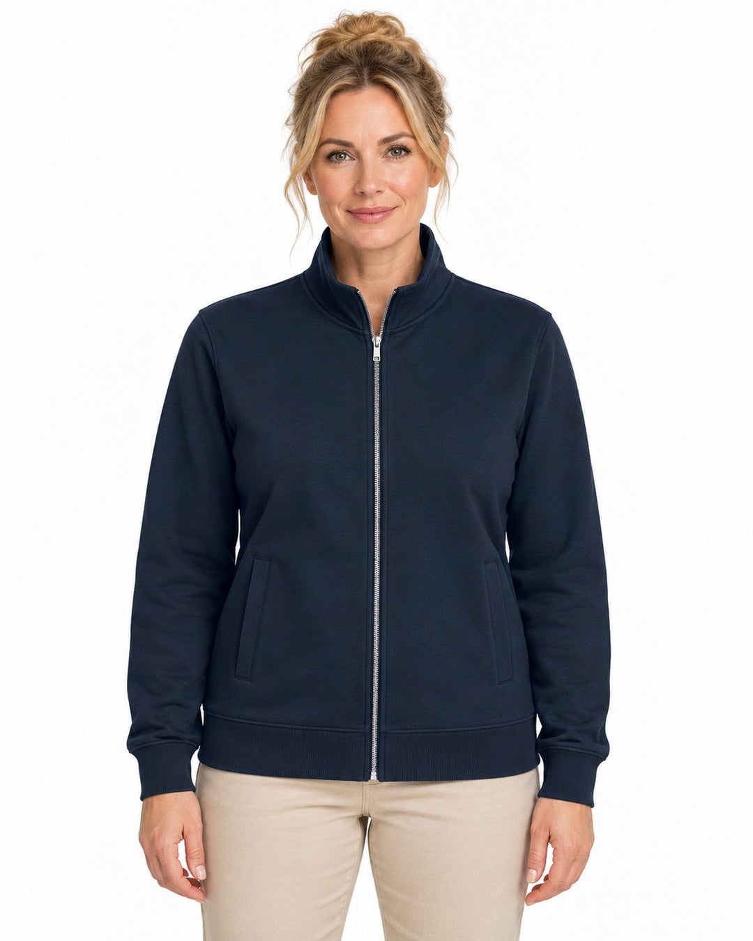 Sitztgut Damen-Sweatjacke mit Stehkragen und Metallreißverschluss – Marineblau – Vorderansicht