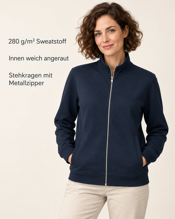 Sitztgut Damen-Sweatjacke mit Stehkragen und Metallreißverschluss – Marineblau – Produktvorteile