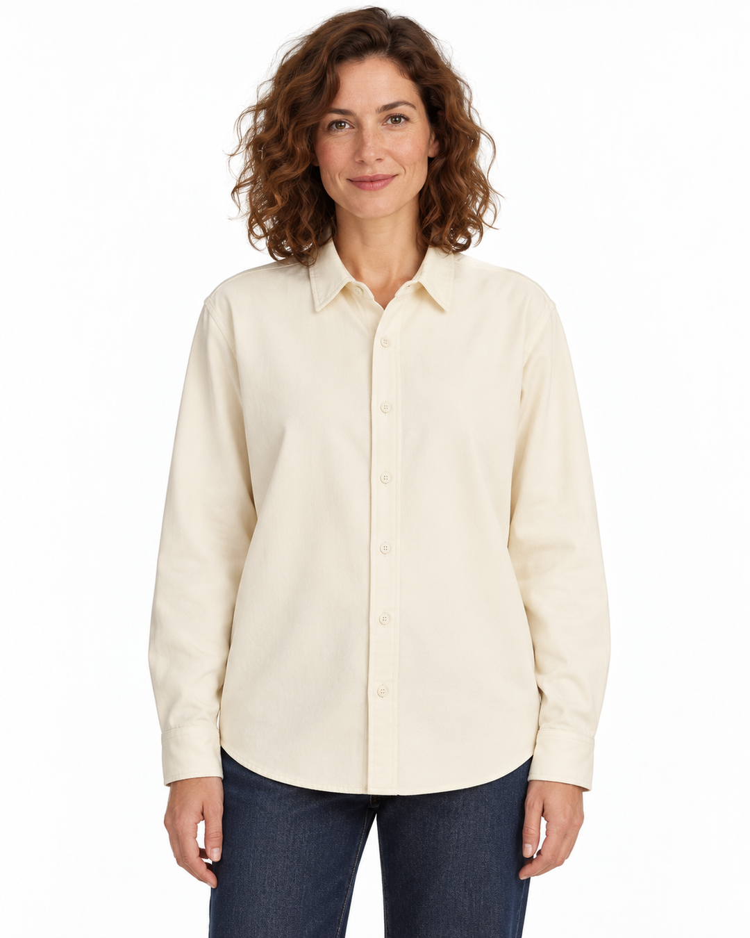 Sitztgut Damen-Langarmhemd aus Baumwoll-Twill – Natur – Vorderansicht