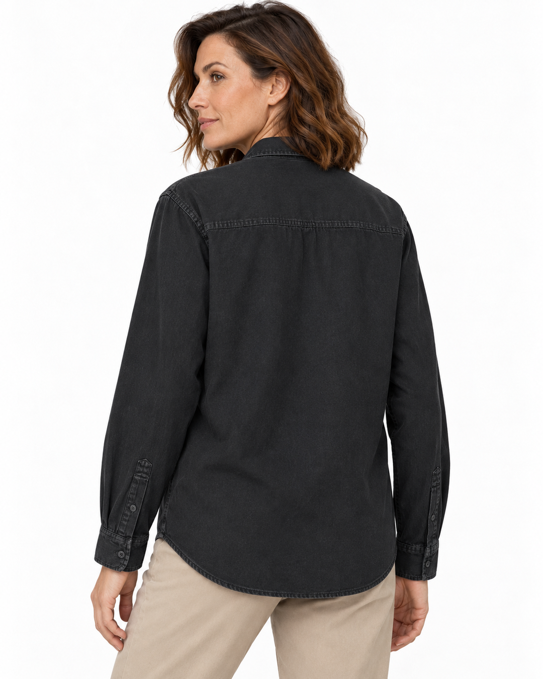 Sitztgut Damen-Langarmhemd aus Baumwoll-Twill – G. Dyed Black Rock – Rückenansicht