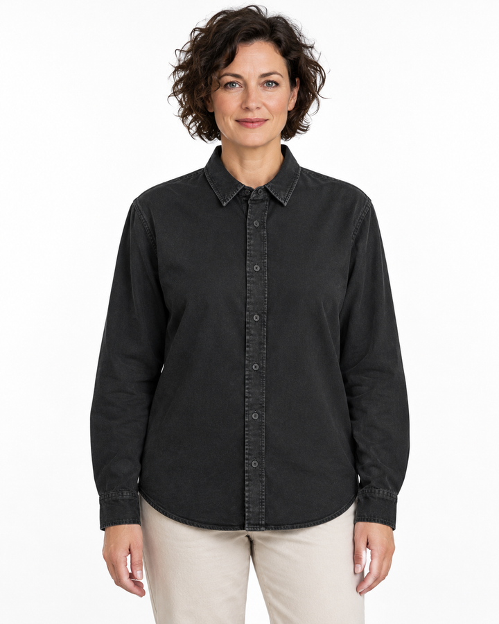 Sitztgut Damen-Langarmhemd aus Baumwoll-Twill – G. Dyed Black Rock – Vorderansicht