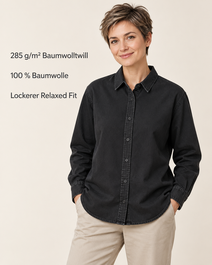 Sitztgut Damen-Langarmhemd aus Baumwoll-Twill – G. Dyed Black Rock – Produktvorteile