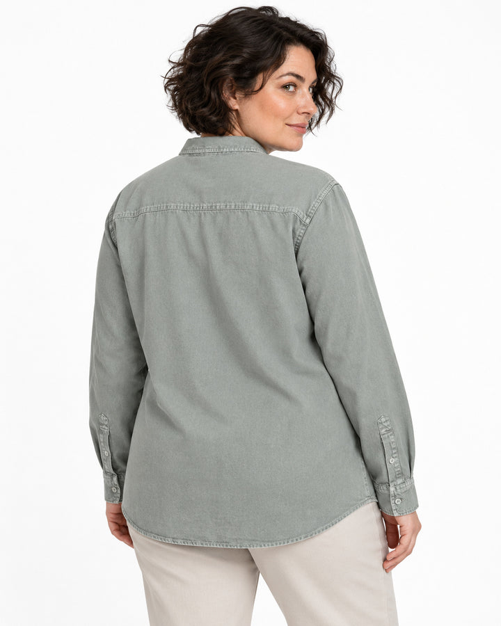 Sitztgut Damen-Langarmhemd aus Baumwoll-Twill – G. Dyed Misty Grey – Rückenansicht