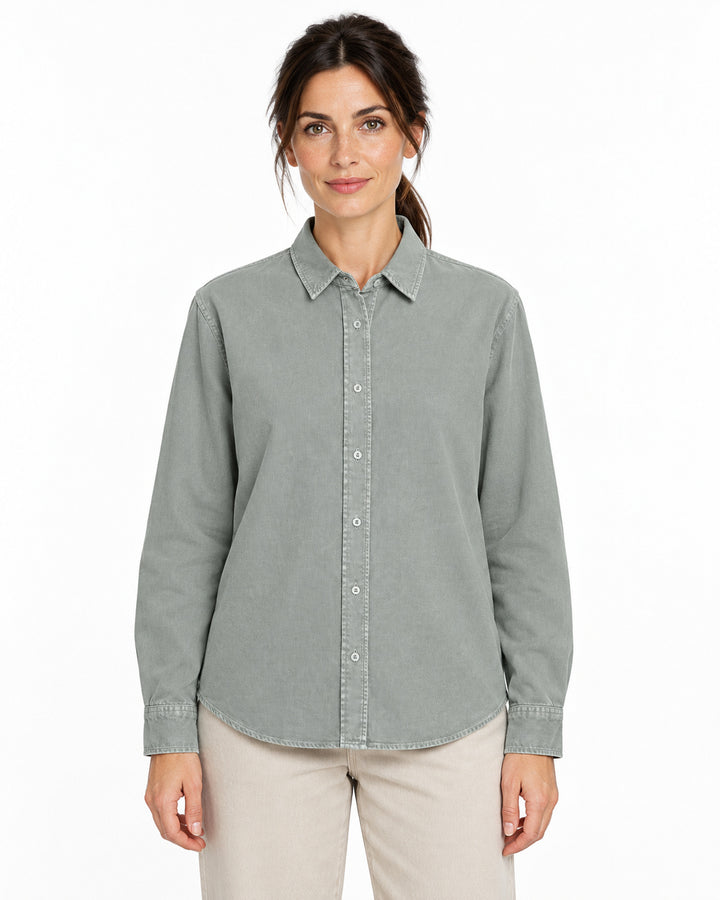Sitztgut Damen-Langarmhemd aus Baumwoll-Twill – G. Dyed Misty Grey – Vorderansicht
