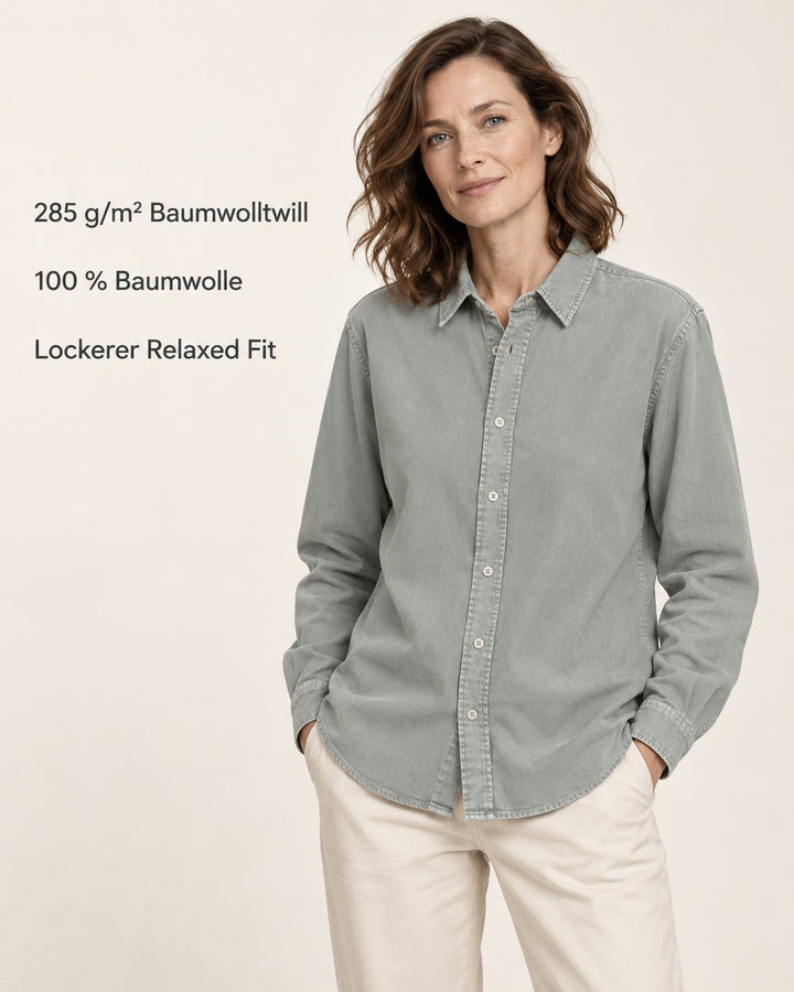 Sitztgut Damen-Langarmhemd aus Baumwoll-Twill – G. Dyed Misty Grey – Produktvorteile