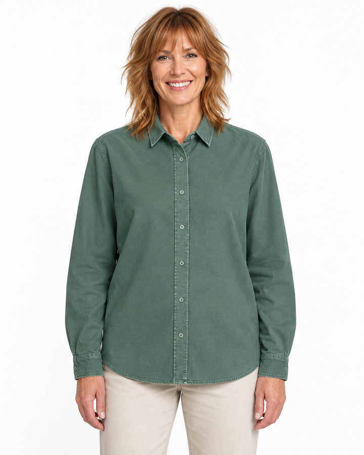 Sitztgut Damen-Langarmhemd aus Baumwoll-Twill – G. Dyed Green Bay – Vorderansicht