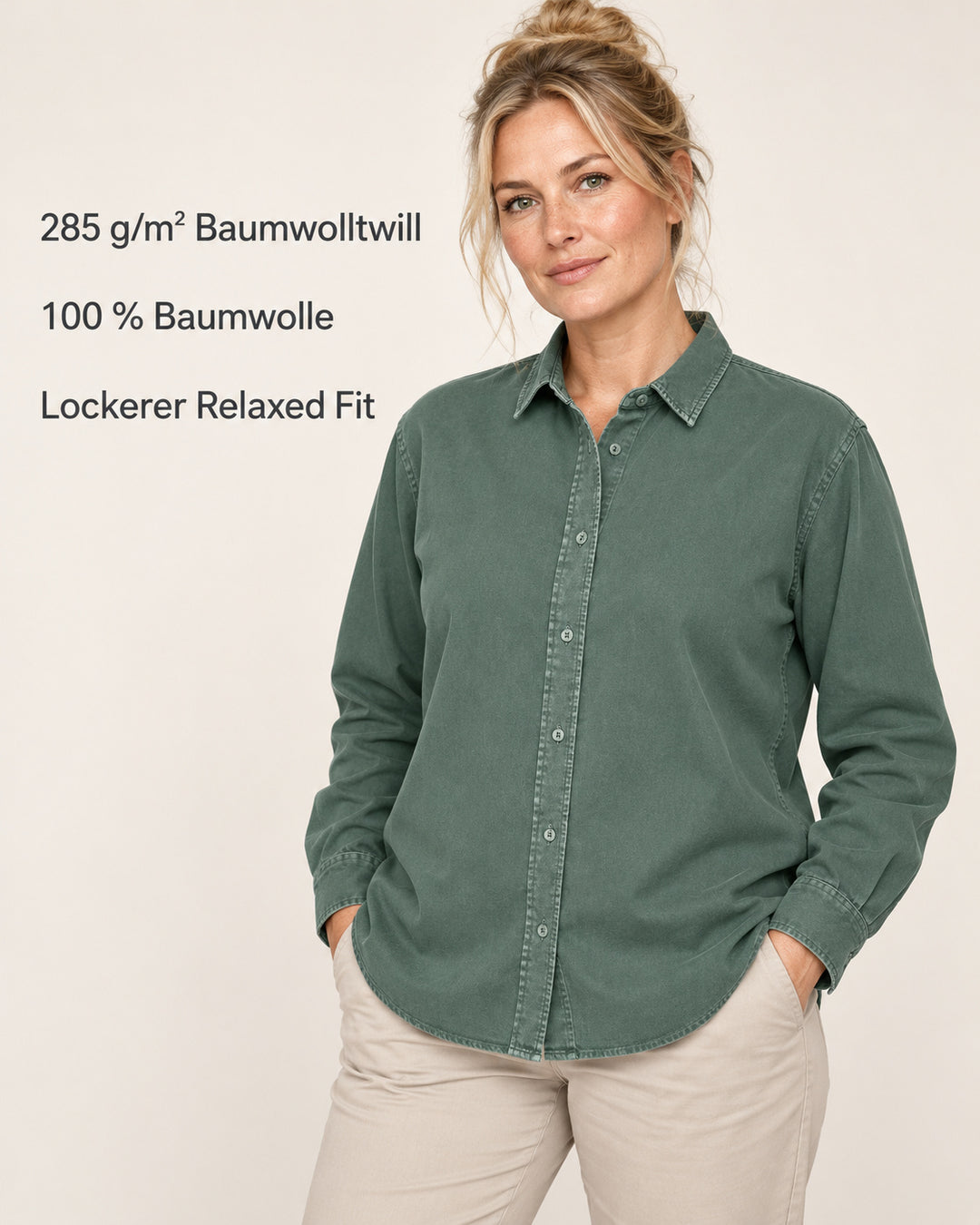 Sitztgut Damen-Langarmhemd aus Baumwoll-Twill – G. Dyed Green Bay – Produktvorteile