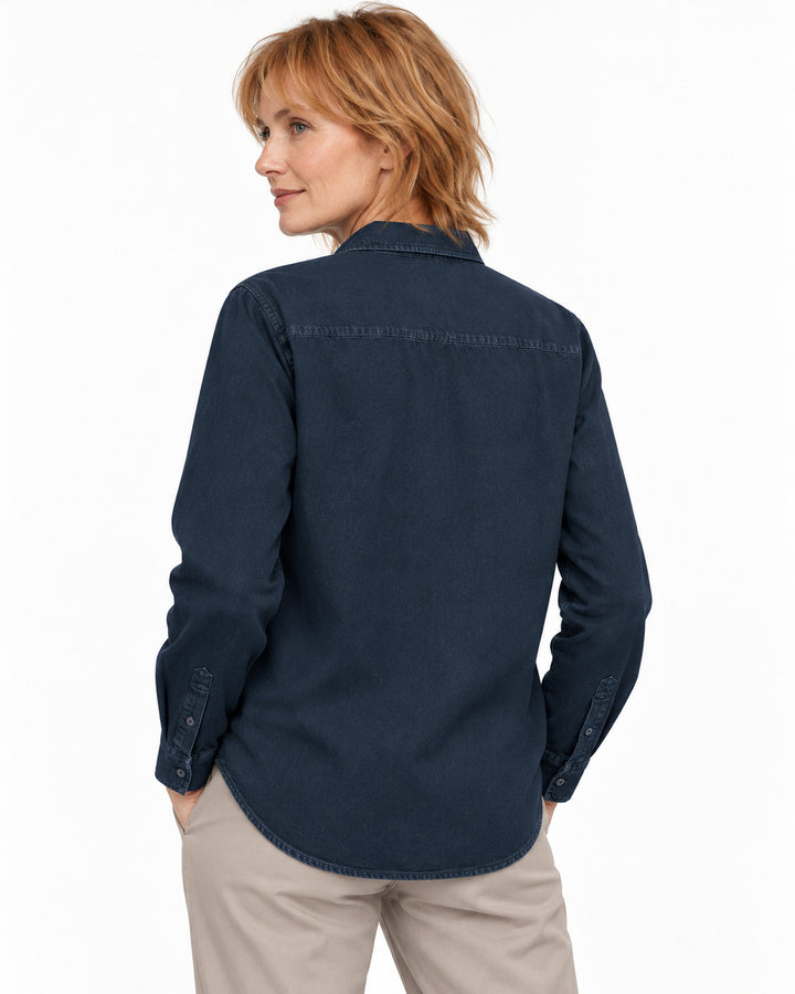 Sitztgut Damen-Langarmhemd aus Baumwoll-Twill – G.Dyed Navy – Rückenansicht