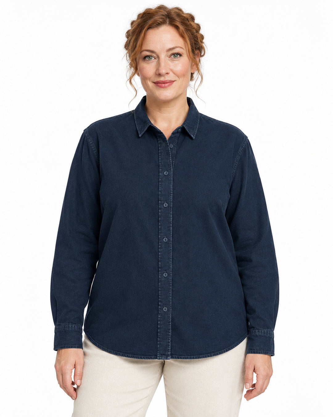Sitztgut Damen-Langarmhemd aus Baumwoll-Twill – G.Dyed Navy – Vorderansicht
