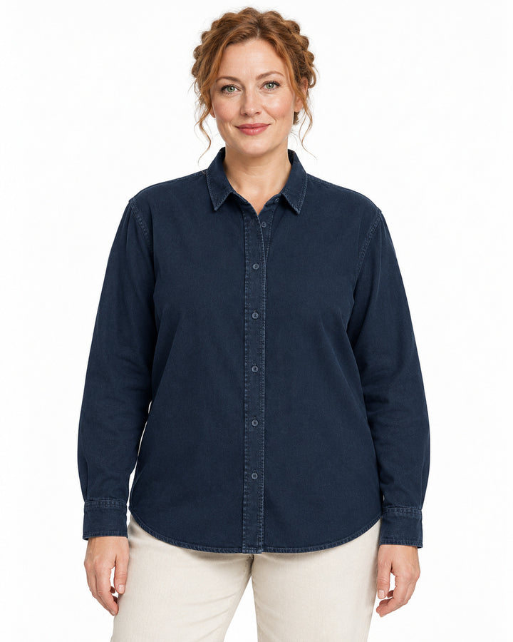 Sitztgut Damen-Langarmhemd aus Baumwoll-Twill – G.Dyed Navy – Vorderansicht