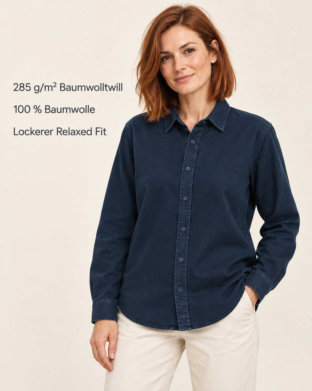 Sitztgut Damen-Langarmhemd aus Baumwoll-Twill – G.Dyed Navy – Produktvorteile