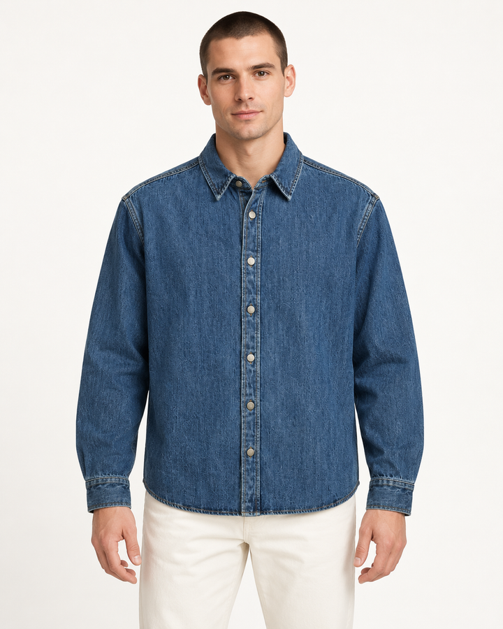 Sitztgut Unisex-Jeanshemd aus Baumwolle, Relaxed Fit – Mittelblau – Vorderansicht