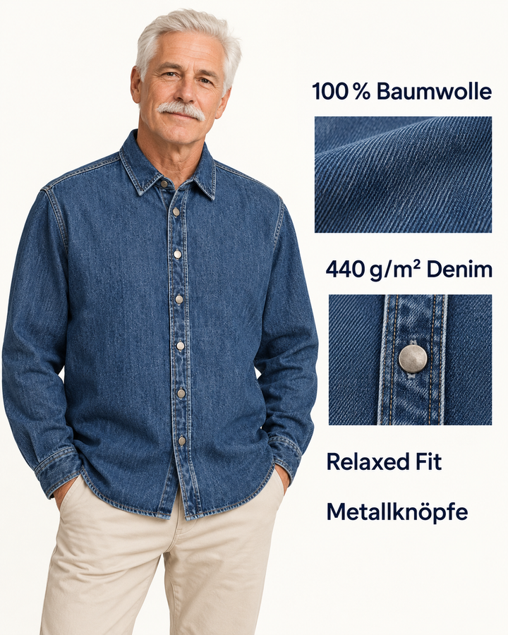 Sitztgut Unisex-Jeanshemd aus Baumwolle, Relaxed Fit – Mittelblau – Produktdetails