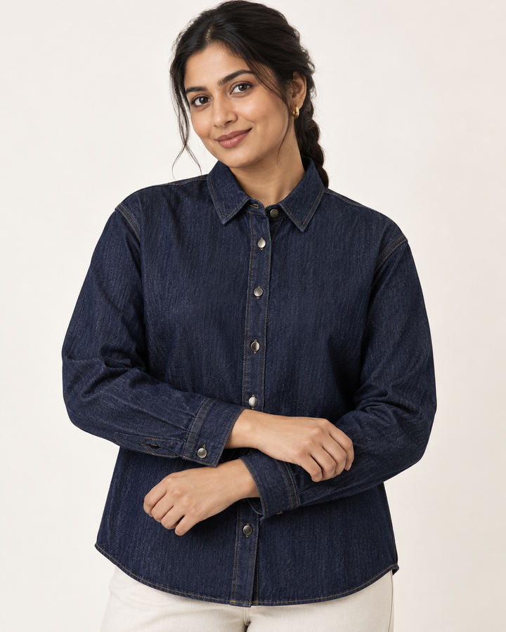 Sitztgut Unisex-Jeanshemd aus Baumwolle, Relaxed Fit – Dunkelblau – Materialdetail