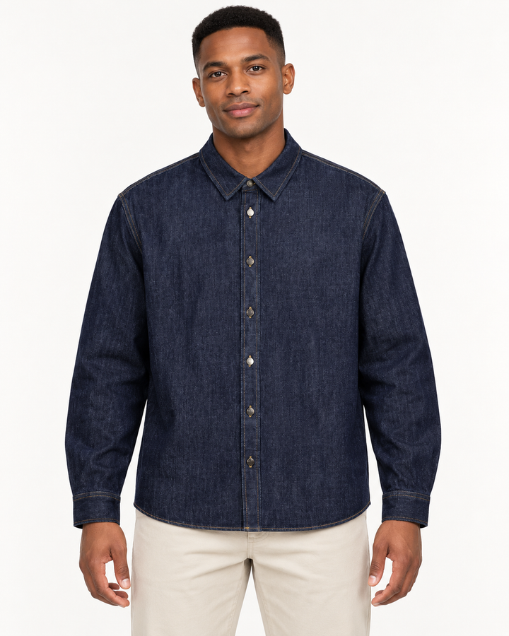 Sitztgut Unisex-Jeanshemd aus Baumwolle, Relaxed Fit – Dunkelblau – Vorderansicht