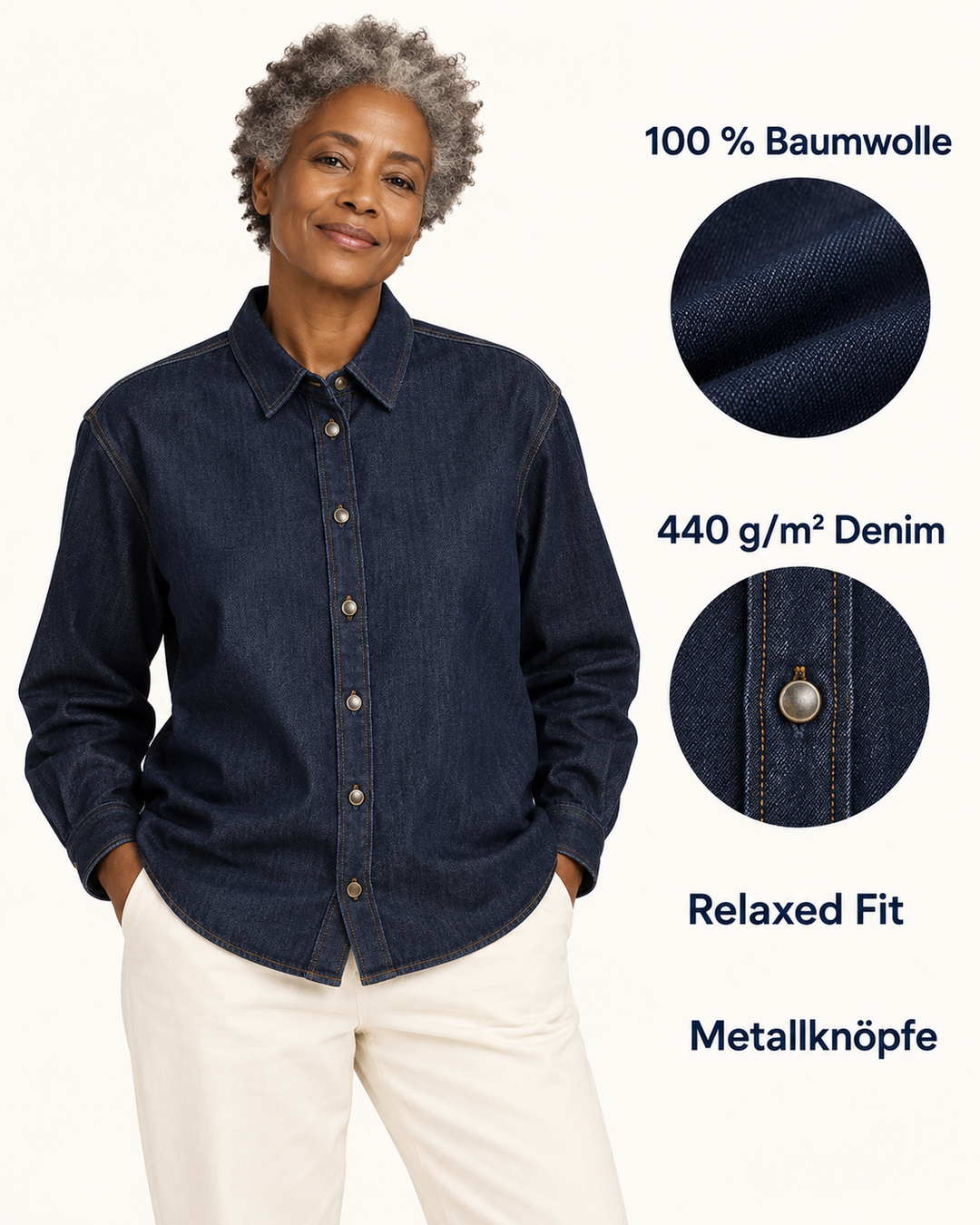 Sitztgut Unisex-Jeanshemd aus Baumwolle, Relaxed Fit – Dunkelblau – Produktdetails
