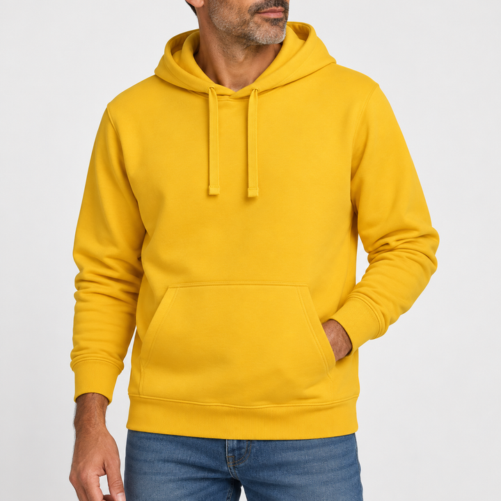 Sitztgut Unisex-Hoodie mit Kängurutasche – Spectra Yellow – Materialdetail