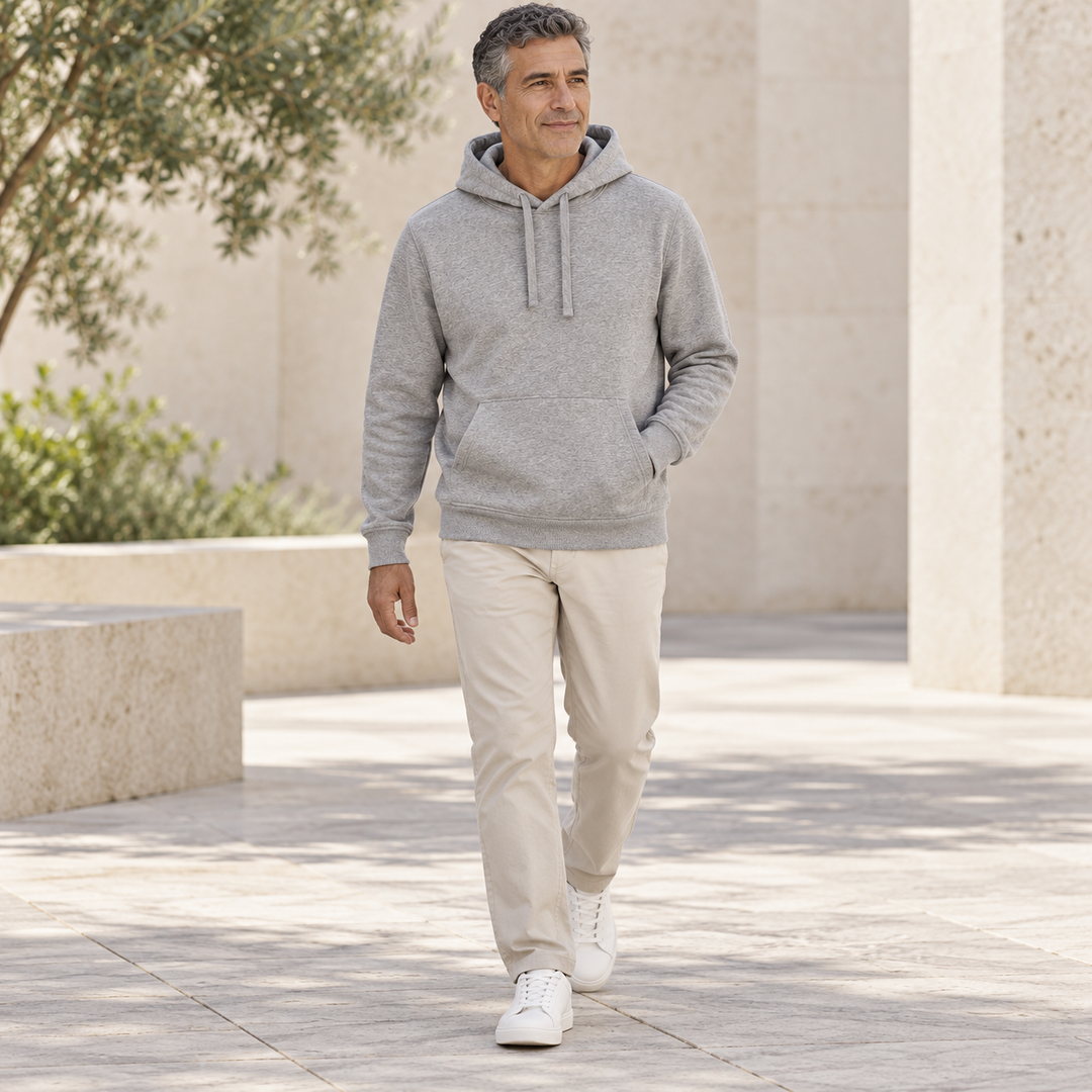 Sitztgut Unisex-Hoodie mit Kängurutasche – Grau meliert (Heather Grey) – Alltagsansicht