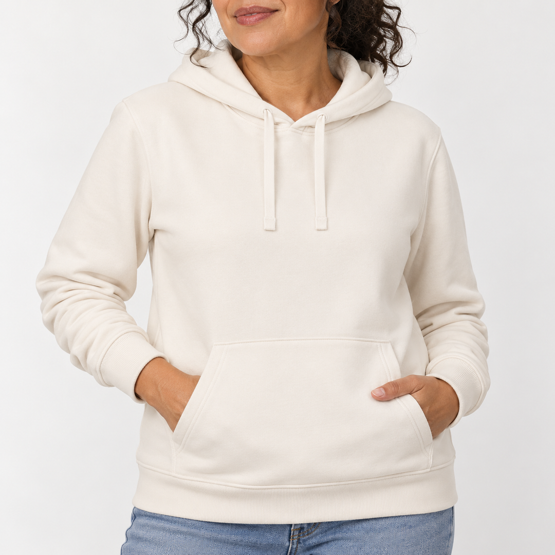Sitztgut Unisex-Hoodie mit Kängurutasche – Vintage White – Materialdetail