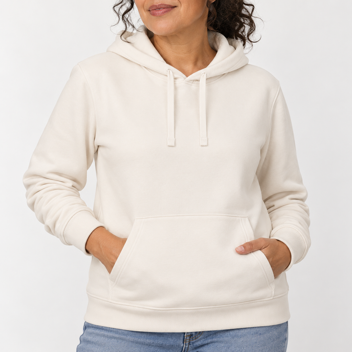Sitztgut Unisex-Hoodie mit Kängurutasche – Vintage White – Materialdetail