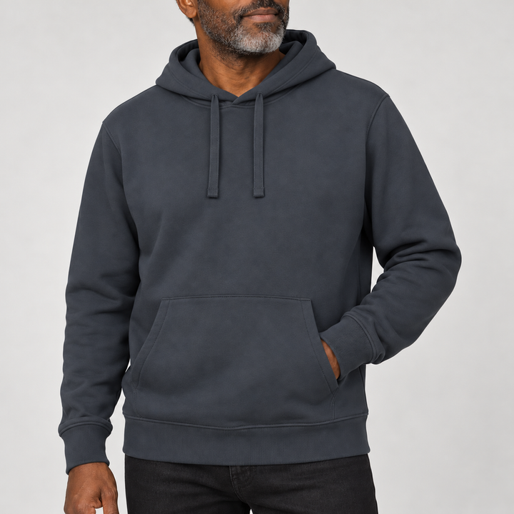 Sitztgut Unisex-Hoodie mit Kängurutasche – India Ink Grey – Materialdetail