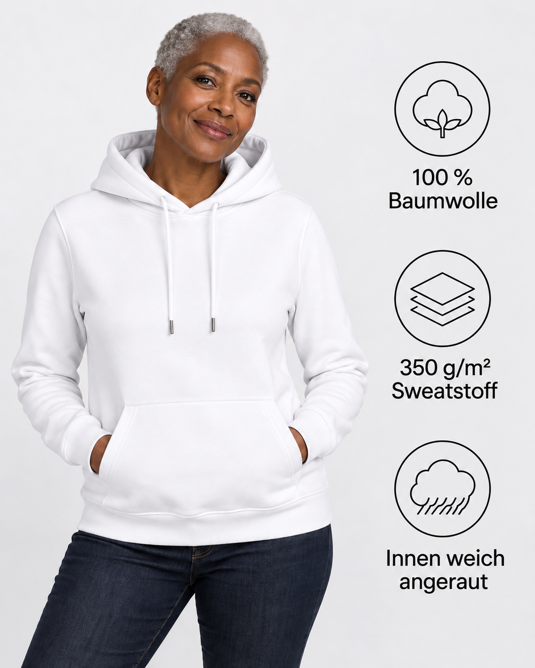 Sitztgut Damen-Hoodie aus Baumwolle, 350 g/m² – Weiß – Produktdetails