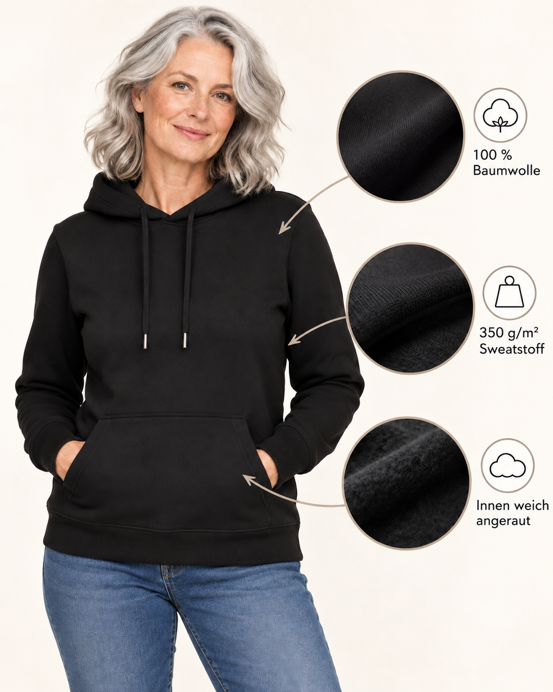 Sitztgut Damen-Hoodie aus Baumwolle, 350 g/m² – Schwarz – Produktdetails