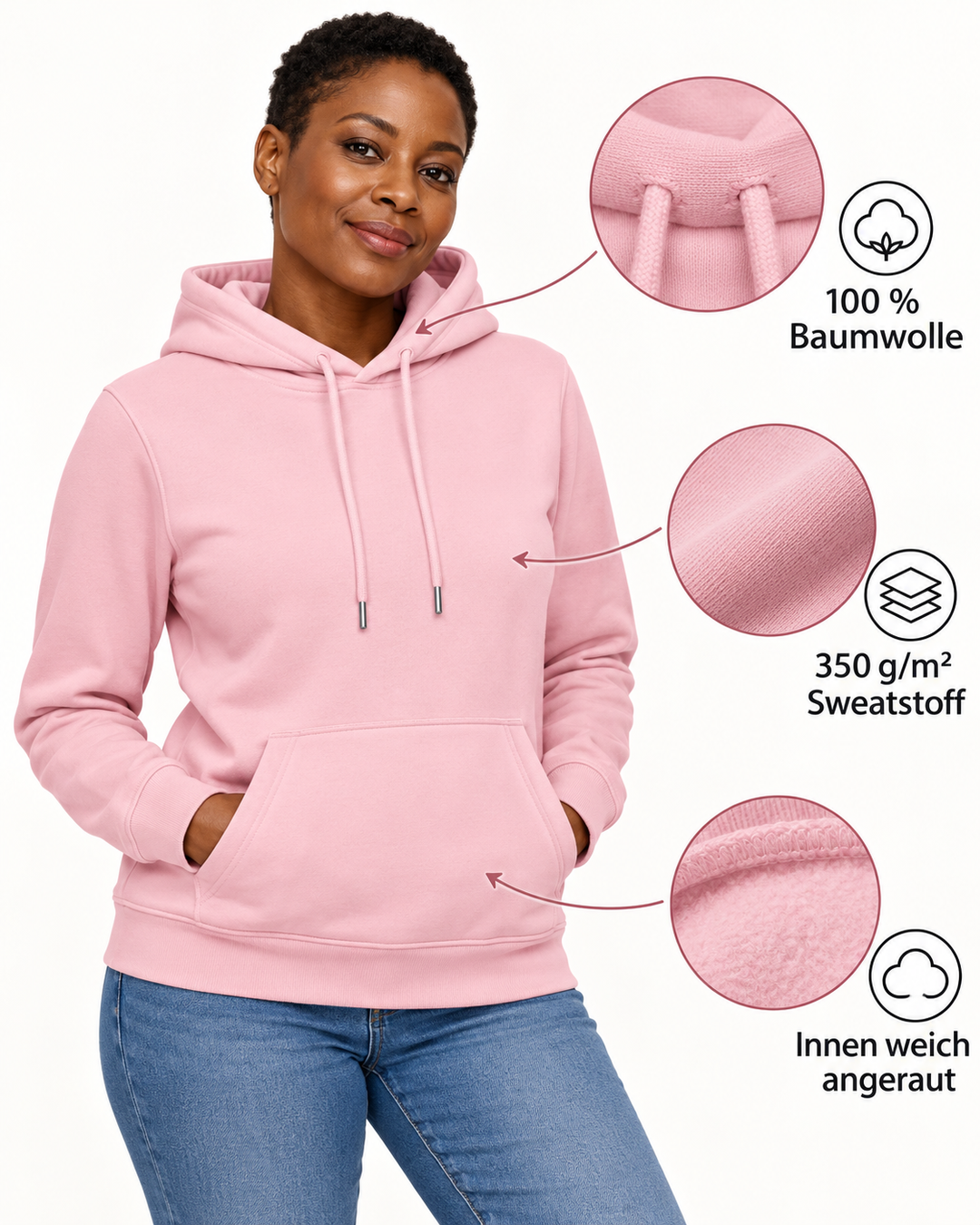Sitztgut Damen-Hoodie aus Baumwolle, 350 g/m² – Cotton Pink – Produktdetails