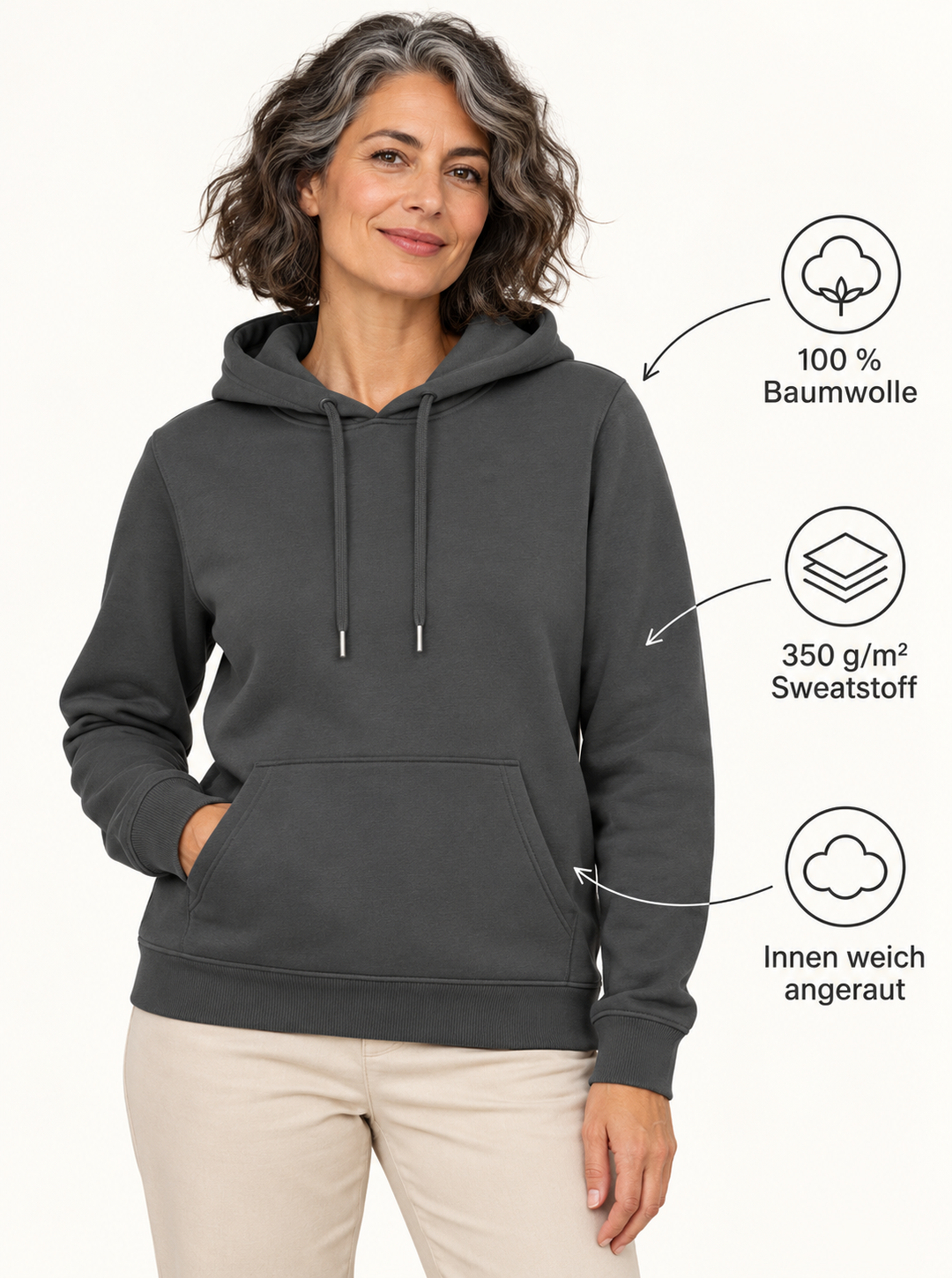 Sitztgut Damen-Hoodie aus Baumwolle, 350 g/m² – Anthracite – Produktdetails