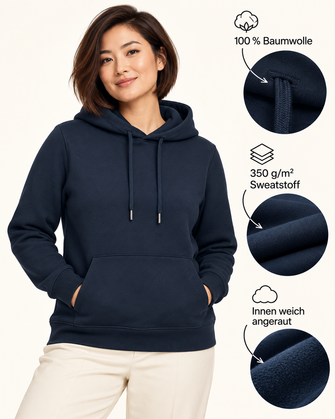 Sitztgut Damen-Hoodie aus Baumwolle, 350 g/m² – Marineblau – Produktdetails
