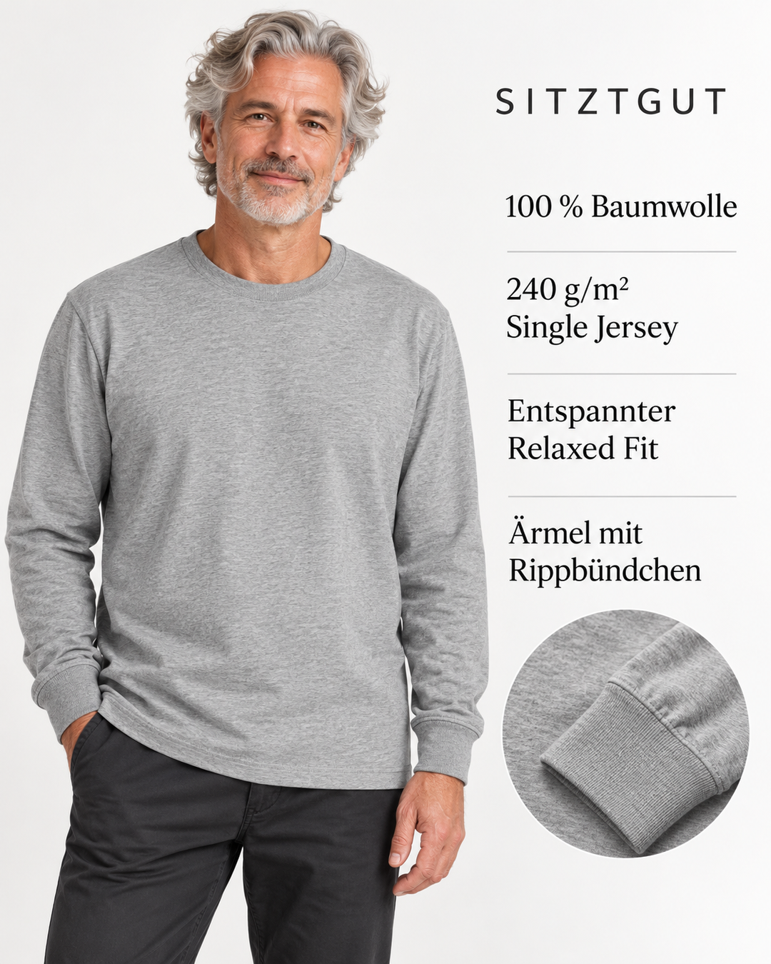 Sitztgut Unisex-Langarmshirt aus Baumwolle, 240 g/m² – Grau meliert (Heather Grey) – Produktdetails
