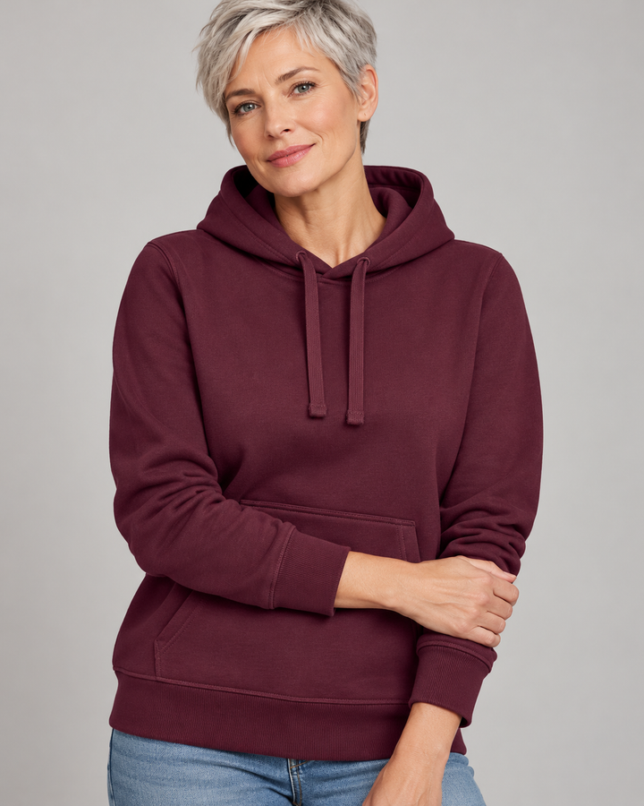 Sitztgut Unisex-Hoodie mit Kängurutasche – Deep Plum – Materialdetail