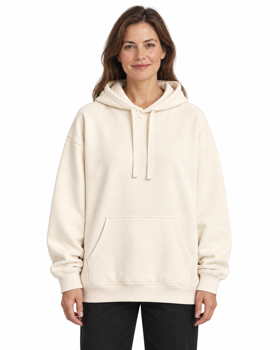 Sitztgut Damen-Hoodie aus Baumwolle, Oversized Fit – Natur – Damenmodel, Hauptbild