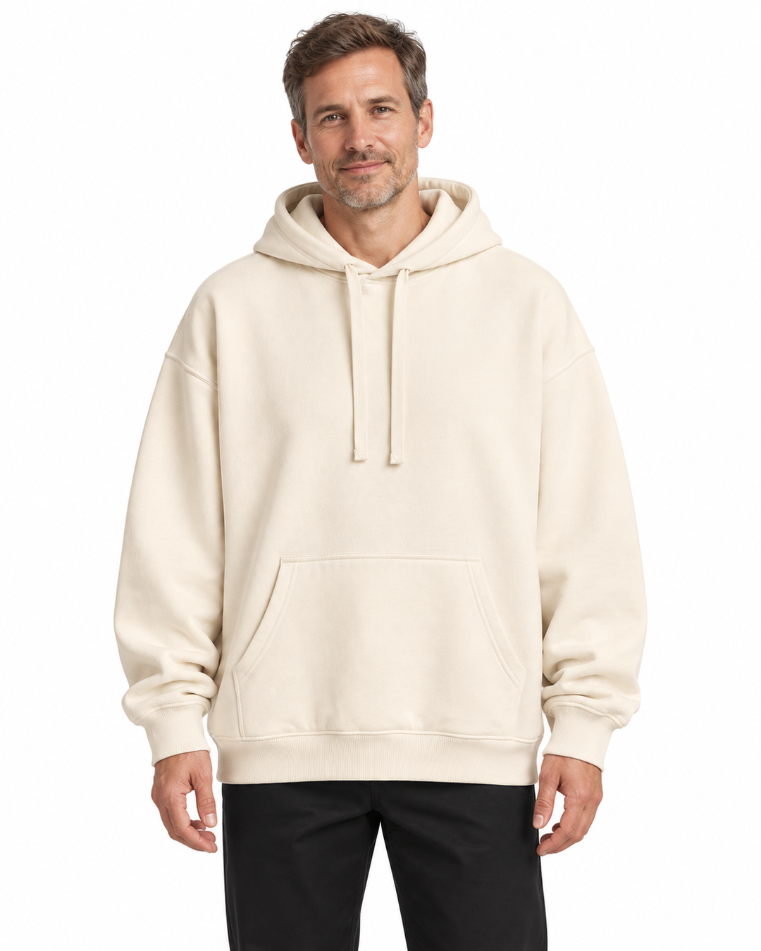 Sitztgut Herren-Hoodie aus Baumwolle, Oversized Fit – Natur – Herrenmodel, Hauptbild