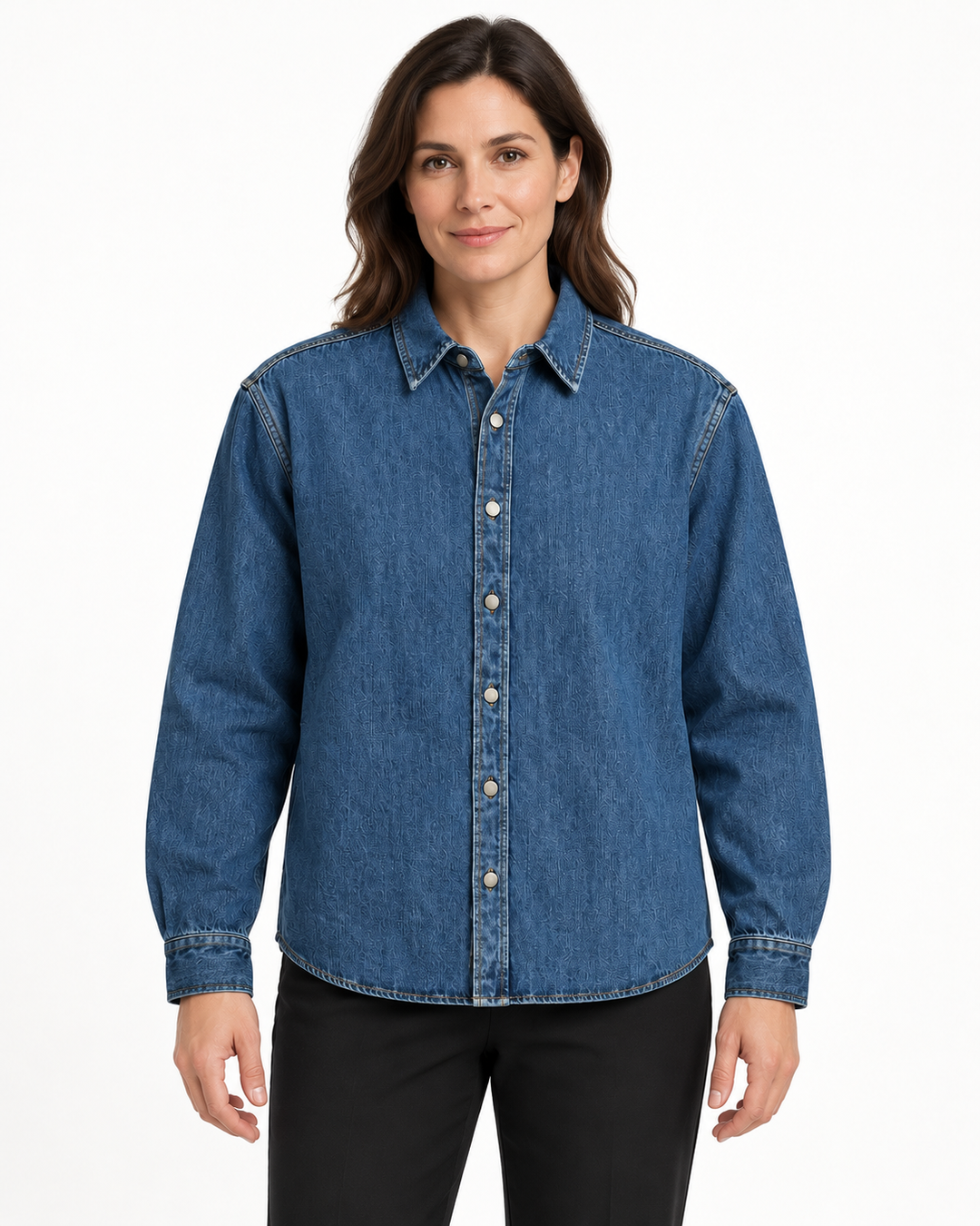 Sitztgut Damen-Jeanshemd aus Baumwolle, Relaxed Fit – Mittelblau – Damenmodel, Hauptbild
