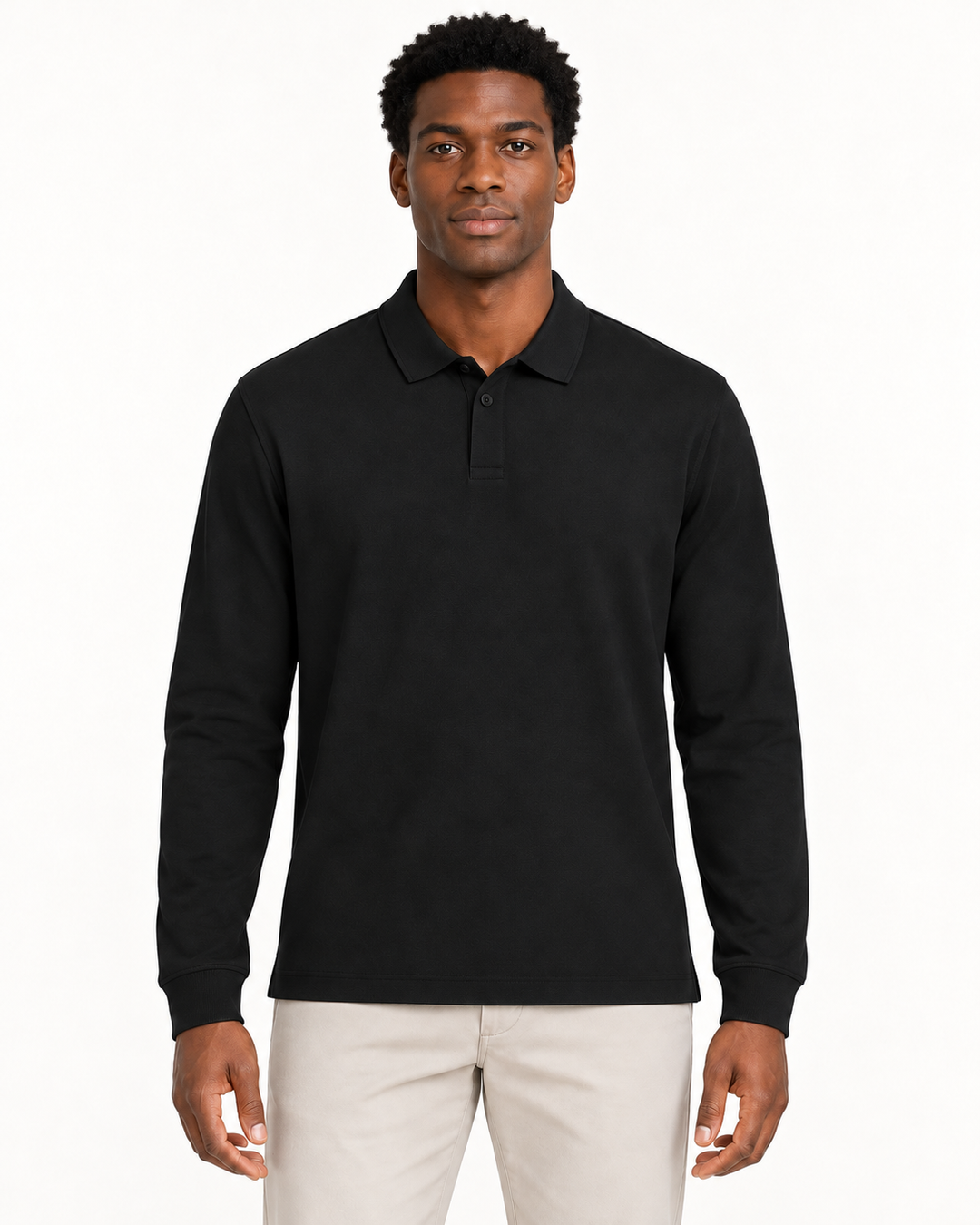 Sitztgut Unisex-Langarm-Poloshirt aus Baumwolle – Schwarz – Vorderansicht
